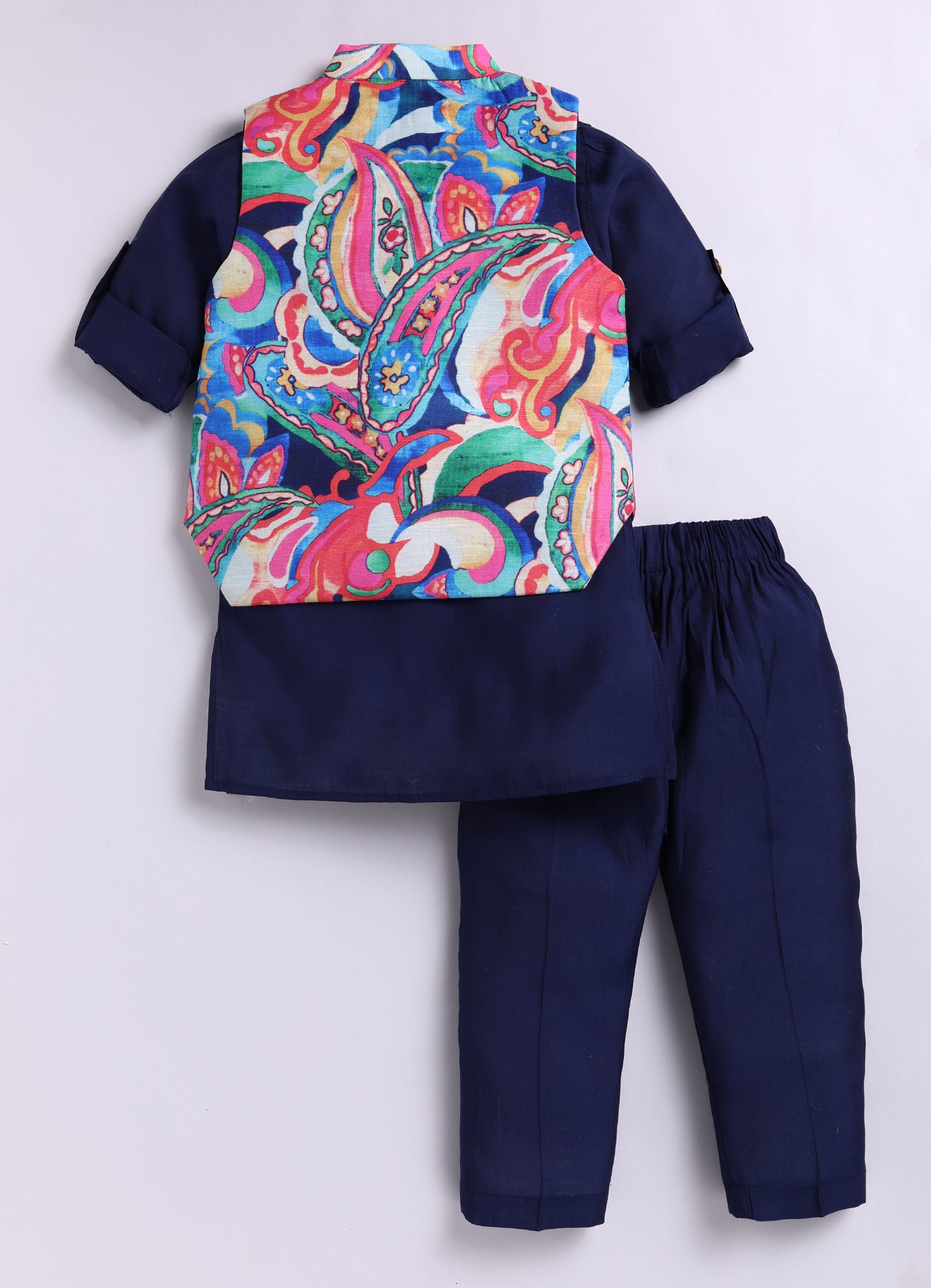 Silk Blend Woven Full Sleeves Abstract Printed Ethnic Jacket Kurta Pajama Set - Navy