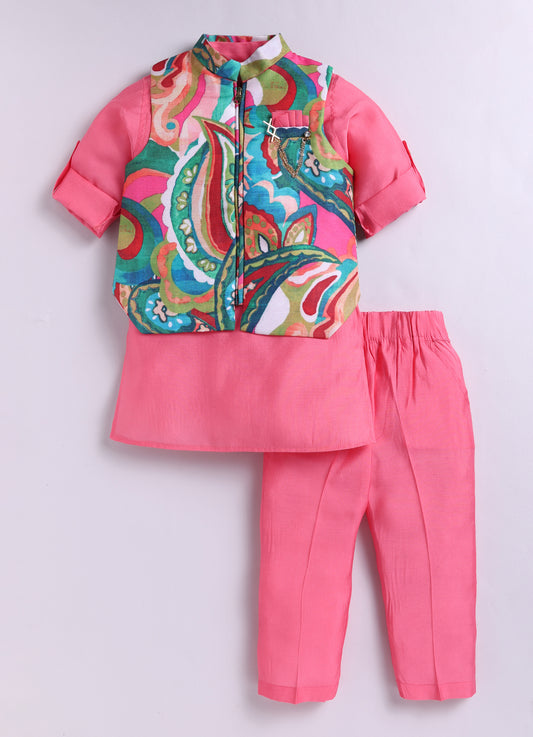 Silk Blend Woven Full Sleeves Abstract Printed Ethnic Jacket Kurta Pajama Set - Pink