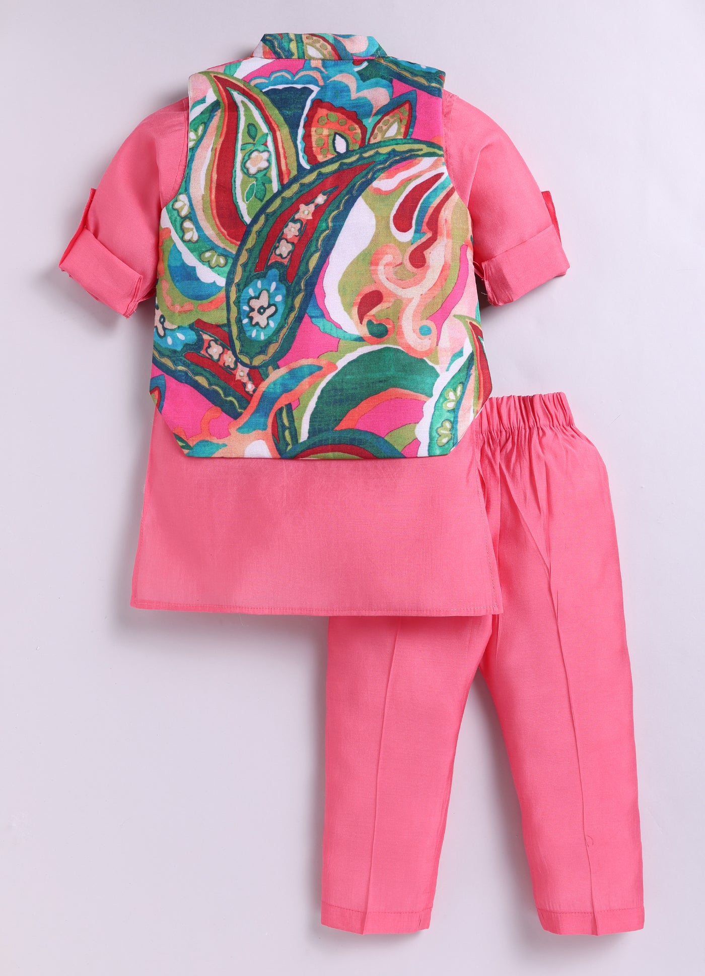 Silk Blend Woven Full Sleeves Abstract Printed Ethnic Jacket Kurta Pajama Set - Pink