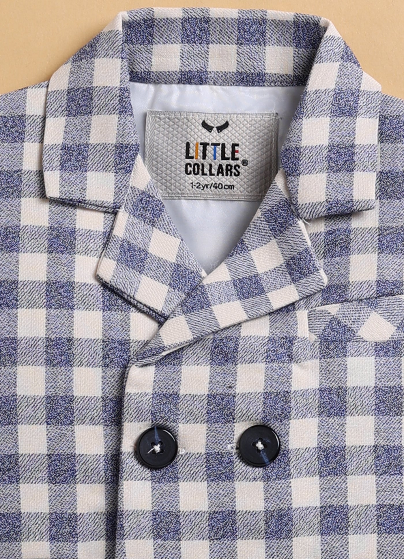 Cotton Woven Full Sleeves Checkered Waistcoat and Shirt Pant Set with Stole & Bow - Navy Blue