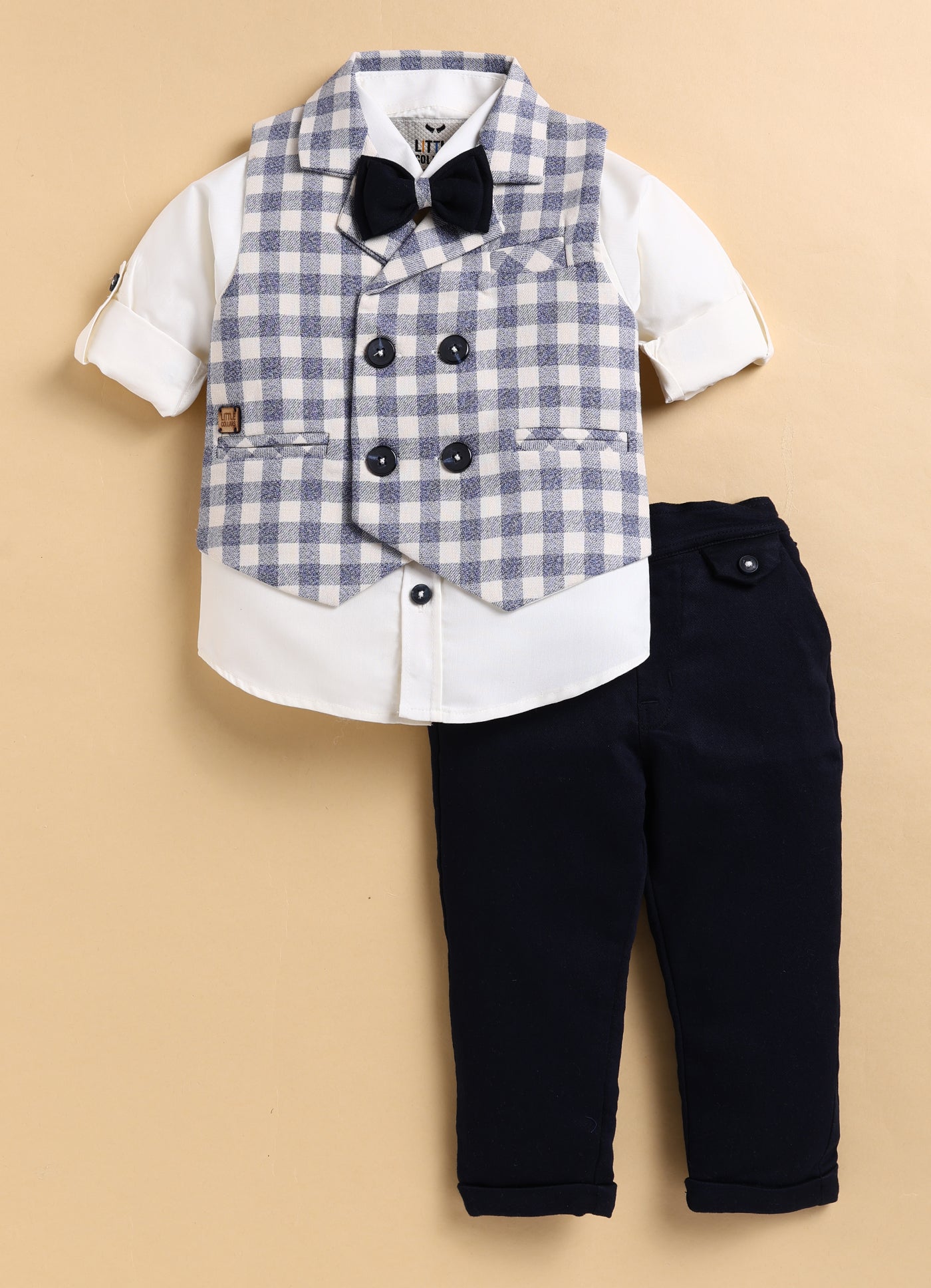 Cotton Woven Full Sleeves Checkered Waistcoat and Shirt Pant Set with Stole & Bow - Navy Blue