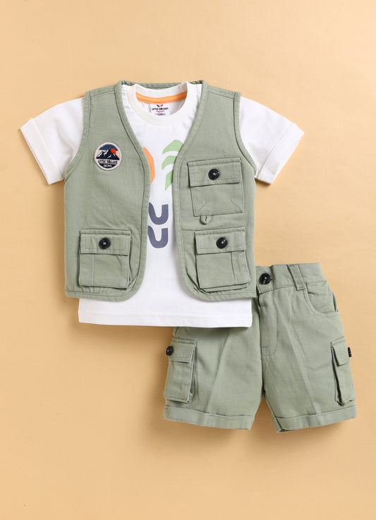 Casual Cotton Multi Pocket Cargo Sleeveless Gilet Jacket Half Sleeves Tshirt Half Pant Co-ord Set - Green