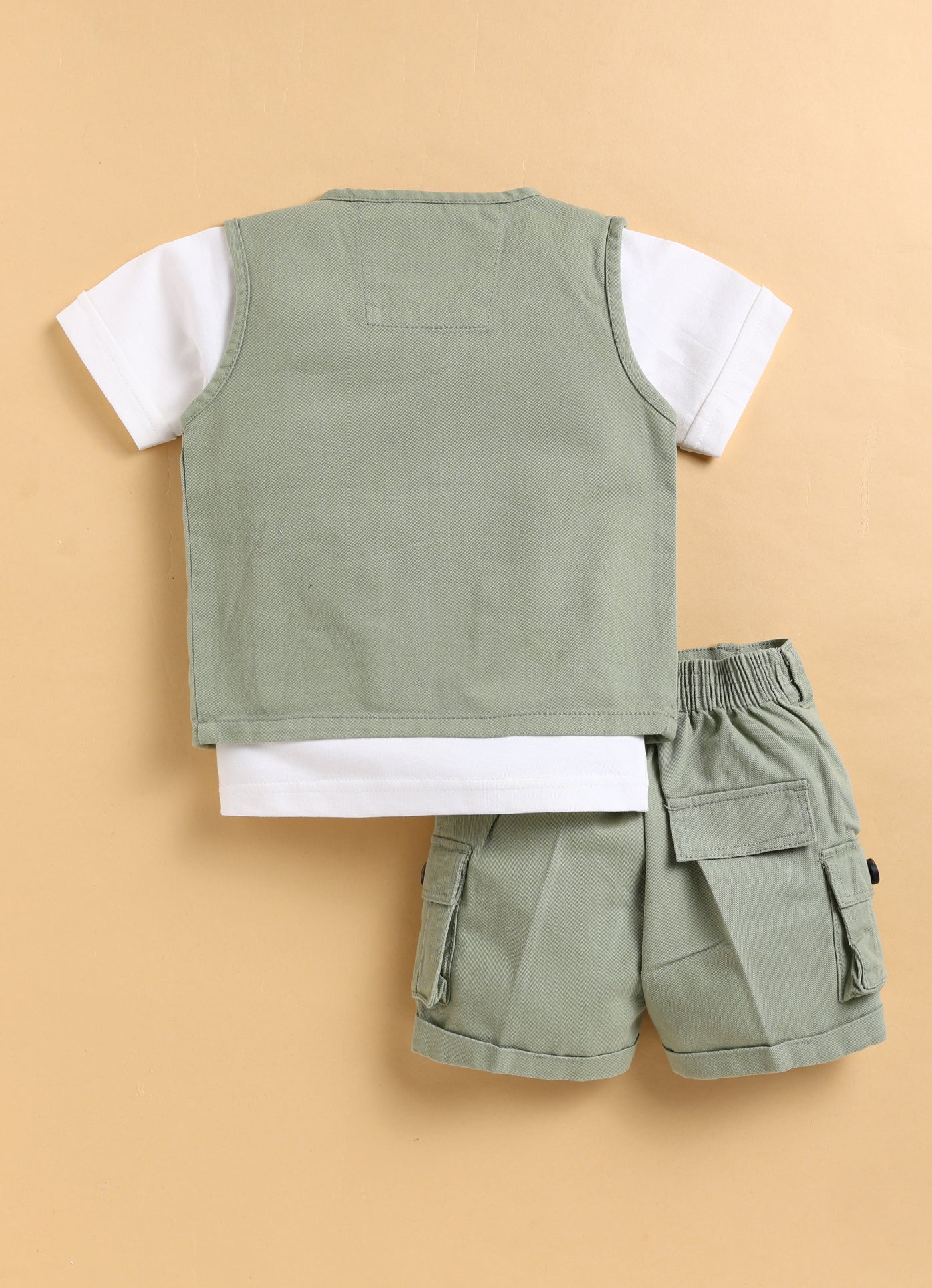 Casual Cotton Multi Pocket Cargo Sleeveless Gilet Jacket Half Sleeves Tshirt Half Pant Co-ord Set - Green