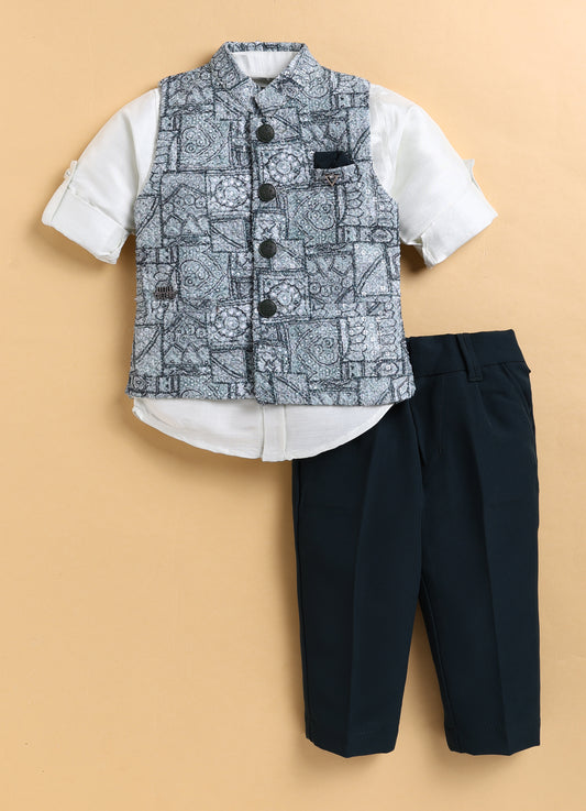 Formal Full Sleeves Shirt Pant and Festive Sleeveless Printed Embroidered Nehru Jacket Indo Western Set- Green