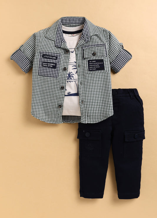 Pure Cotton Woven Double Cloth Full Sleeves Checks Shirt Pant with Tshirt Casual Set- Green