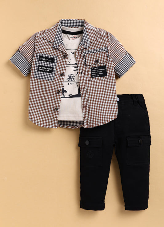 Pure Cotton Woven Double Cloth Full Sleeves Checks Shirt Pant with Tshirt Casual Set- Coffee
