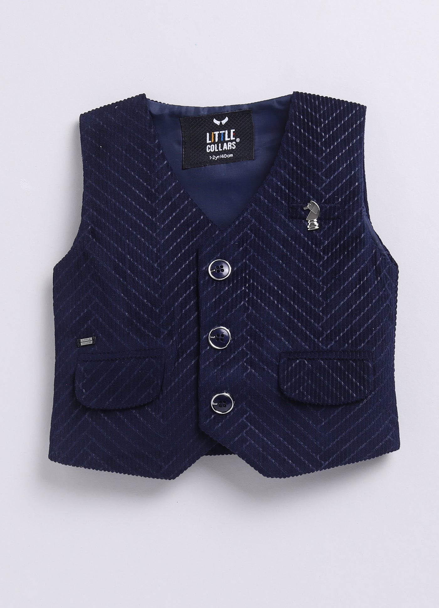 Boys Elegant Velvet Suede Patterened Partywear Jacket Set- Navy