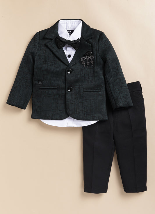 Blended Jaquard Woven Full Sleeves Coat Pant with Tuxedo Shirt, Bow and Brooch Pin Formal Coat Set- Olive