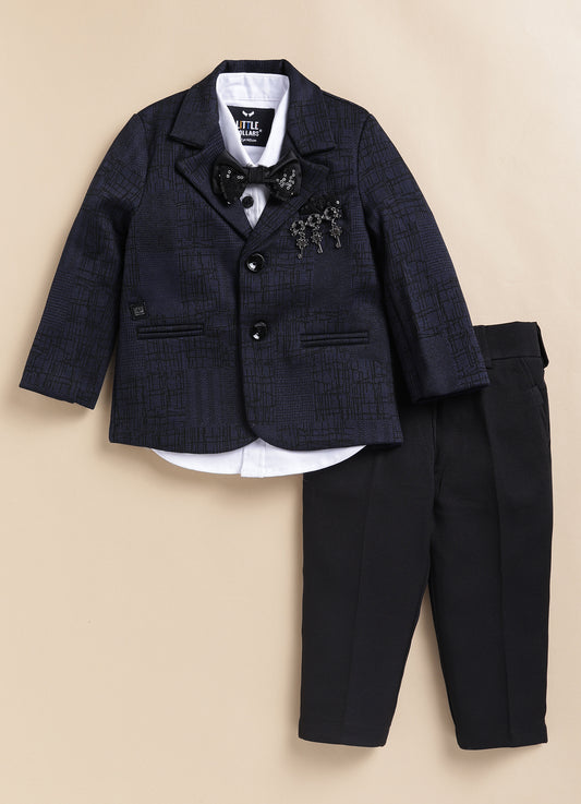 Blended Jaquard Woven Full Sleeves Coat Pant with Tuxedo Shirt, Bow and Brooch Pin Formal Coat Set- Blue