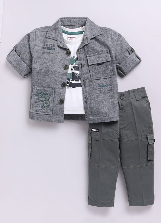 Cotton Woven Full Sleeves Solid Shacket Shirt Pant with Printed T-shirt Casual Set-Olive