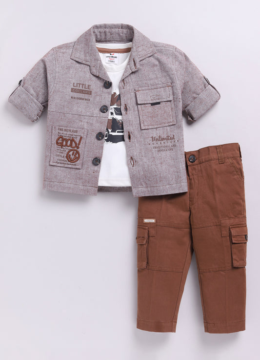 Cotton Woven Full Sleeves Solid Shacket Shirt Pant with Printed T-shirt Casual Set-Coffee