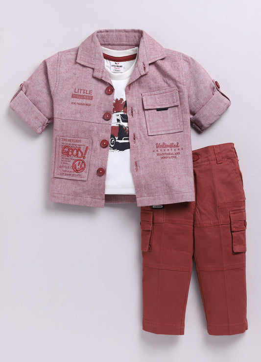 Cotton Woven Full Sleeves Solid Shacket Shirt Pant with Printed T-shirt Casual Set- Rust