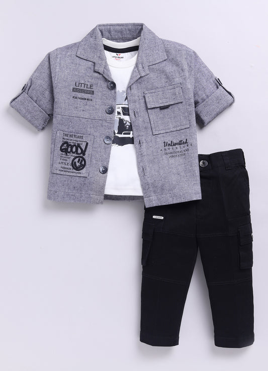 Cotton Woven Full Sleeves Solid Shacket Shirt Pant with Printed T-shirt Casual Set- Black