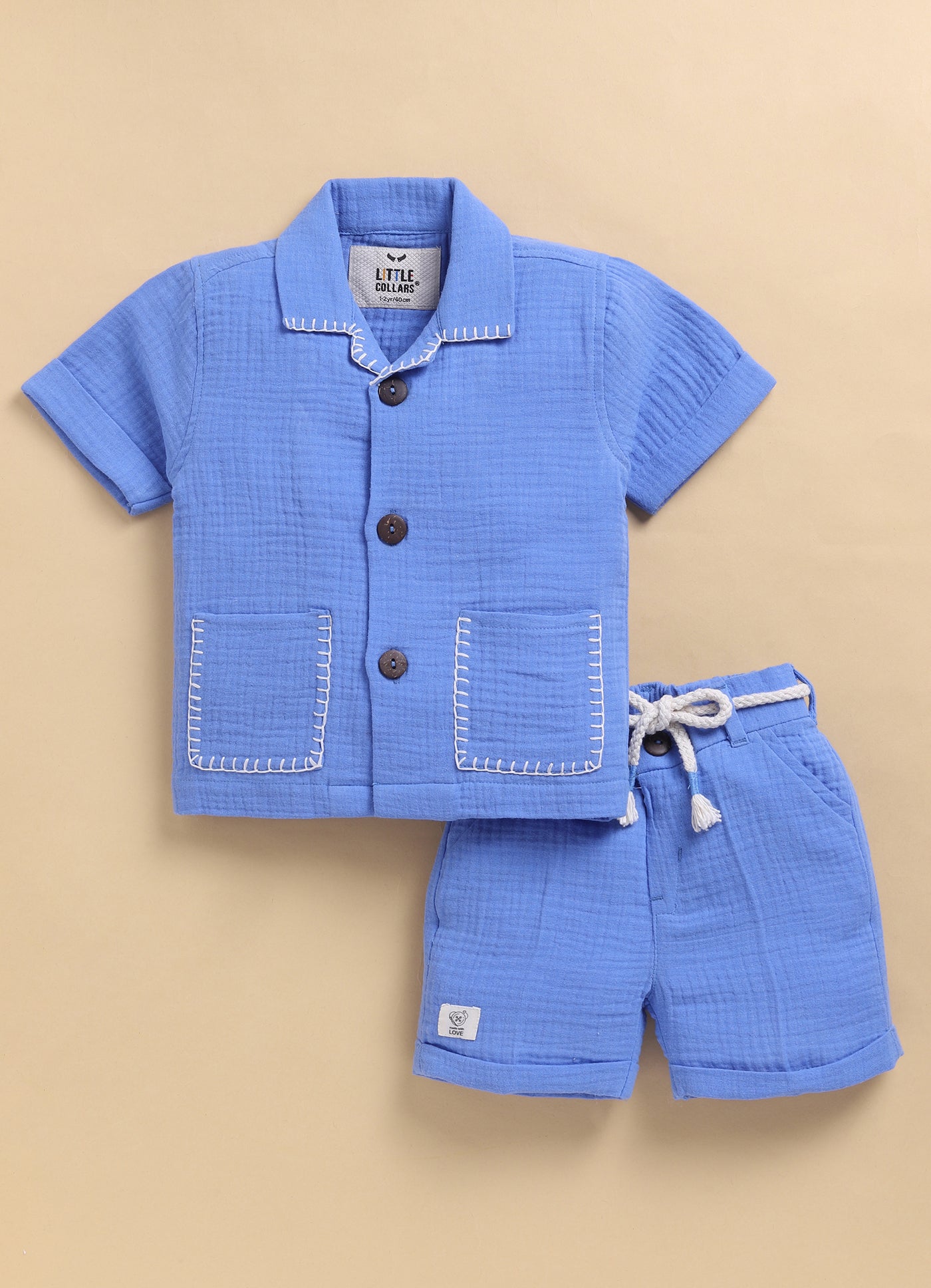Pure Organic Muslin Cotton Solid Half Sleeves Shirt Half Pant Coord Set with Hand Embroidered Details- Blue
