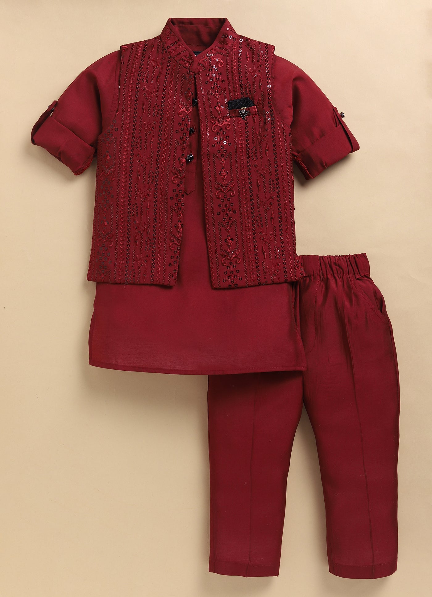 Silk Blend Woven Full Sleeves Pack of 4 Solid Kurta Pyjama With Sequin Embroidered Open Jacket and Brooch Pin Ethnic Set- Red
