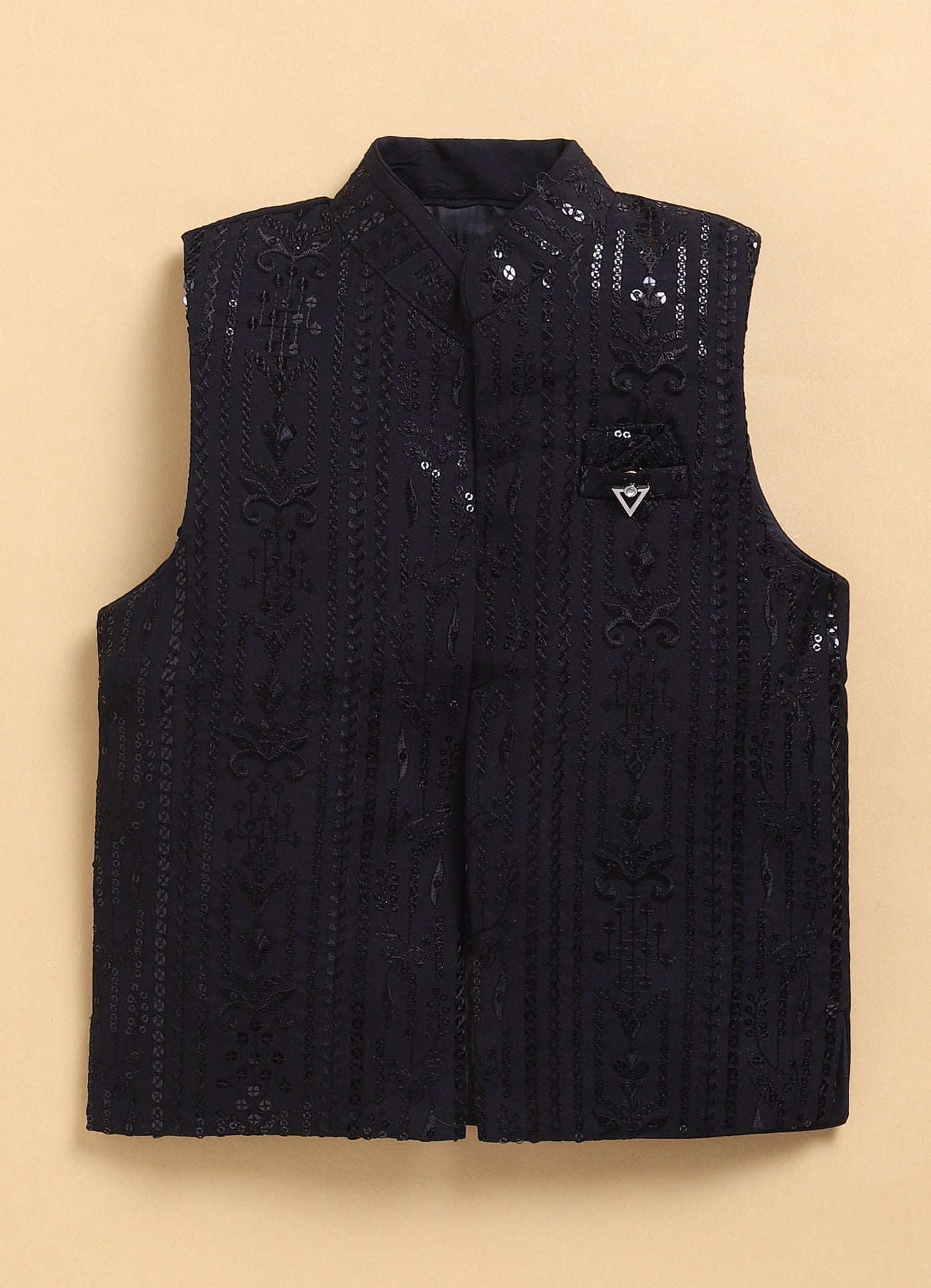 Silk Blend Woven Full Sleeves Pack of 4 Solid Kurta Pyjama With Sequin Embroidered Open Jacket and Brooch Pin Ethnic Set- Black