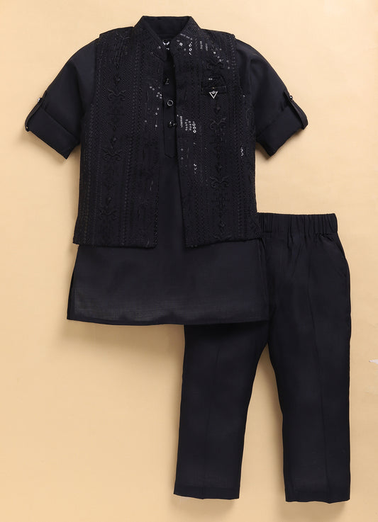 Silk Blend Woven Full Sleeves Pack of 4 Solid Kurta Pyjama With Sequin Embroidered Open Jacket and Brooch Pin Ethnic Set- Black