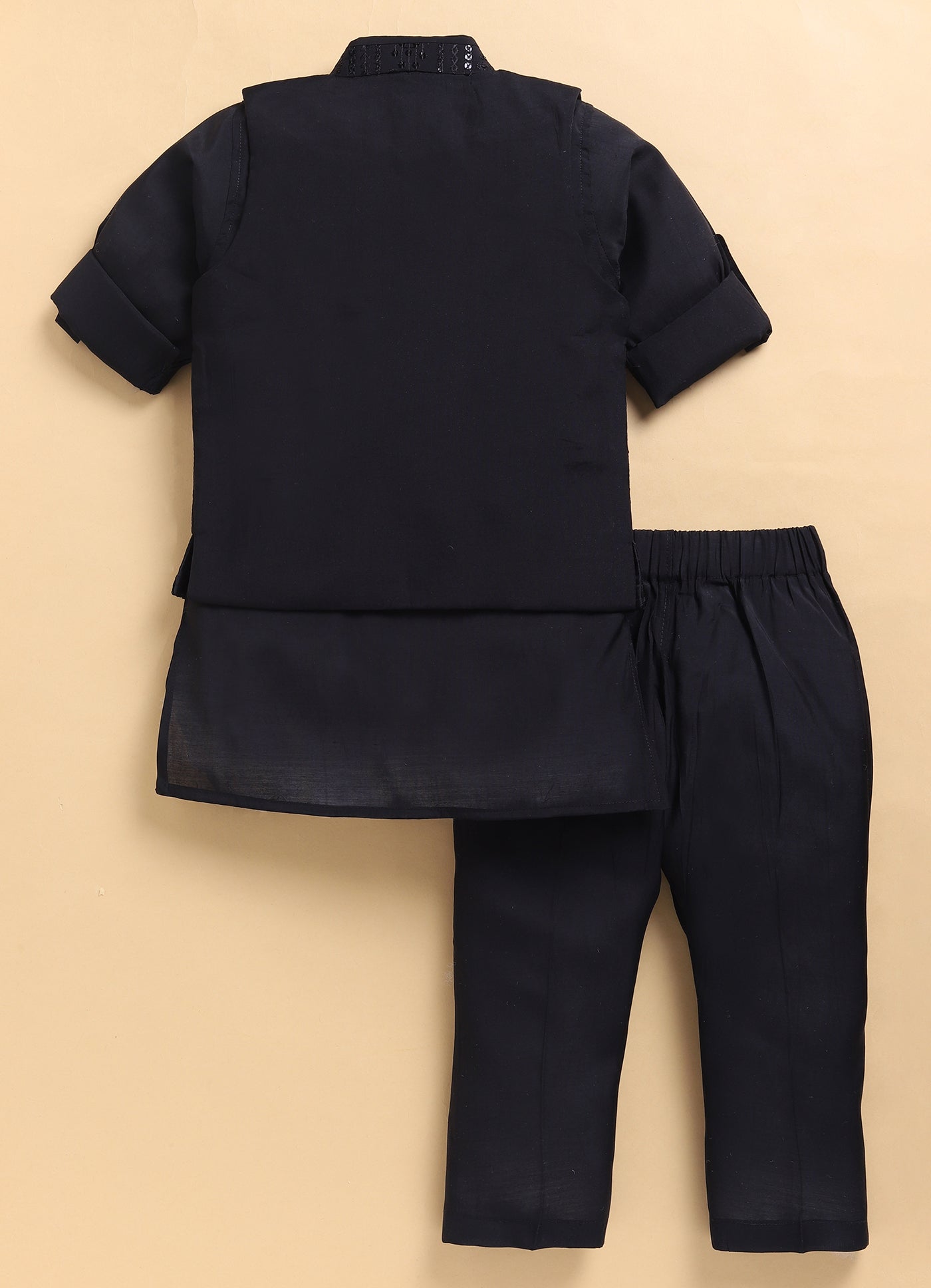 Silk Blend Woven Full Sleeves Pack of 4 Solid Kurta Pyjama With Sequin Embroidered Open Jacket and Brooch Pin Ethnic Set- Black