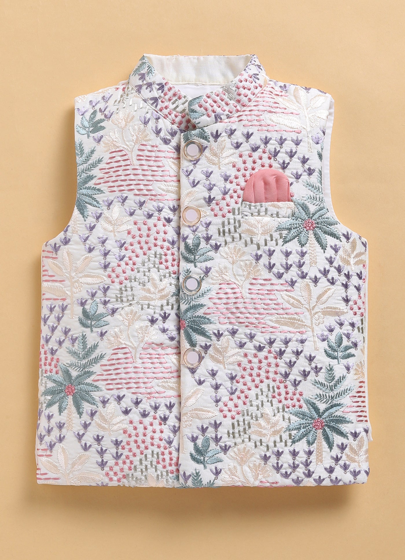 Cotton Silk Blend Woven Full Sleeves Festive Heavy Embroidered Ethnic Nehru Jacket Kurta and Pajama Set - Cream