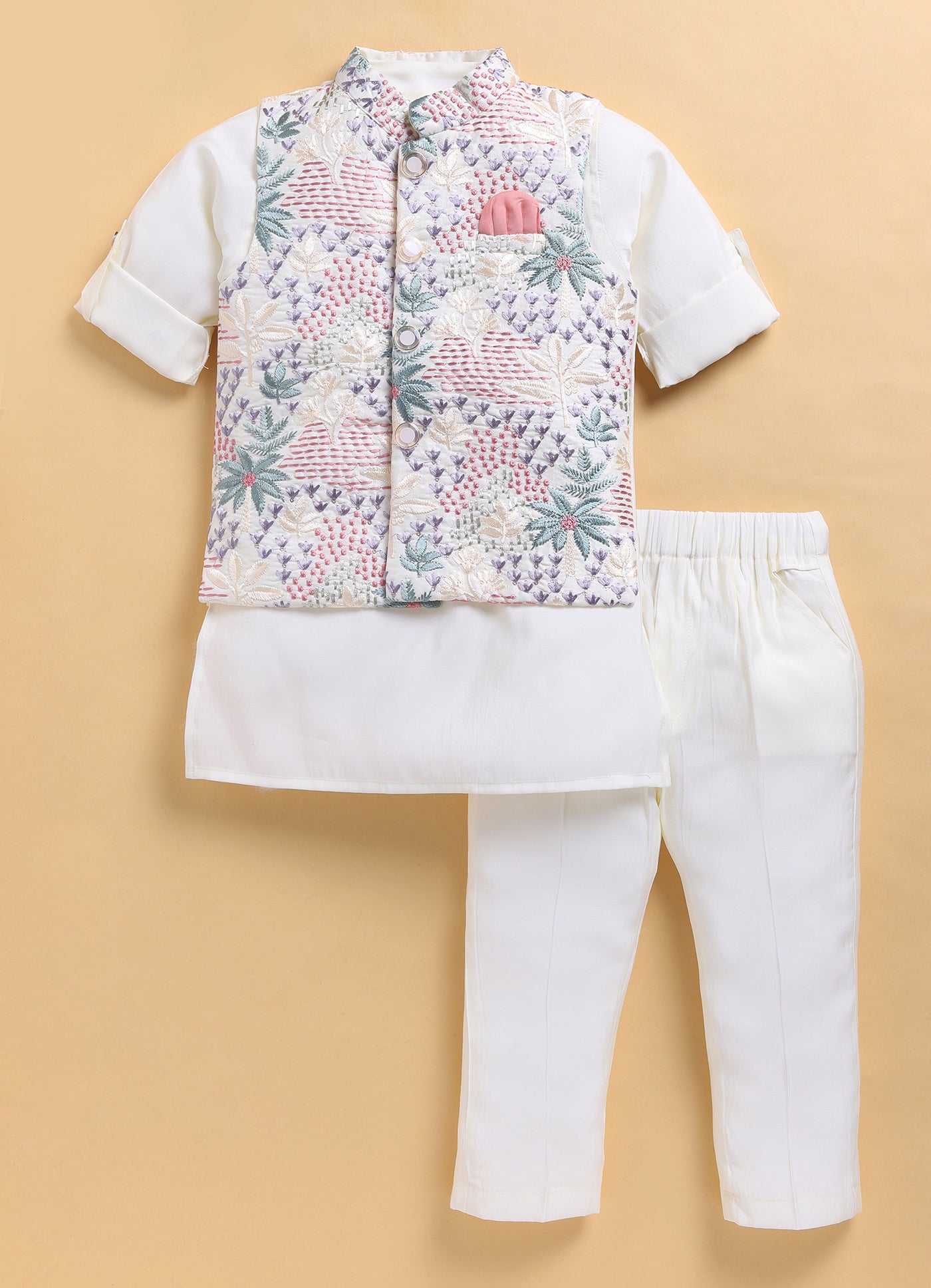 Cotton Silk Blend Woven Full Sleeves Festive Heavy Embroidered Ethnic Nehru Jacket Kurta and Pajama Set - Cream