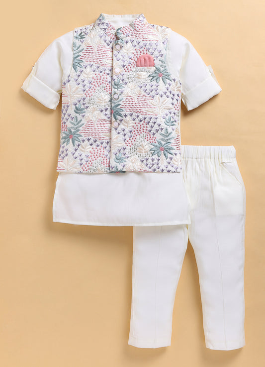 Cotton Silk Blend Woven Full Sleeves Festive Heavy Embroidered Ethnic Nehru Jacket Kurta and Pajama Set - Cream