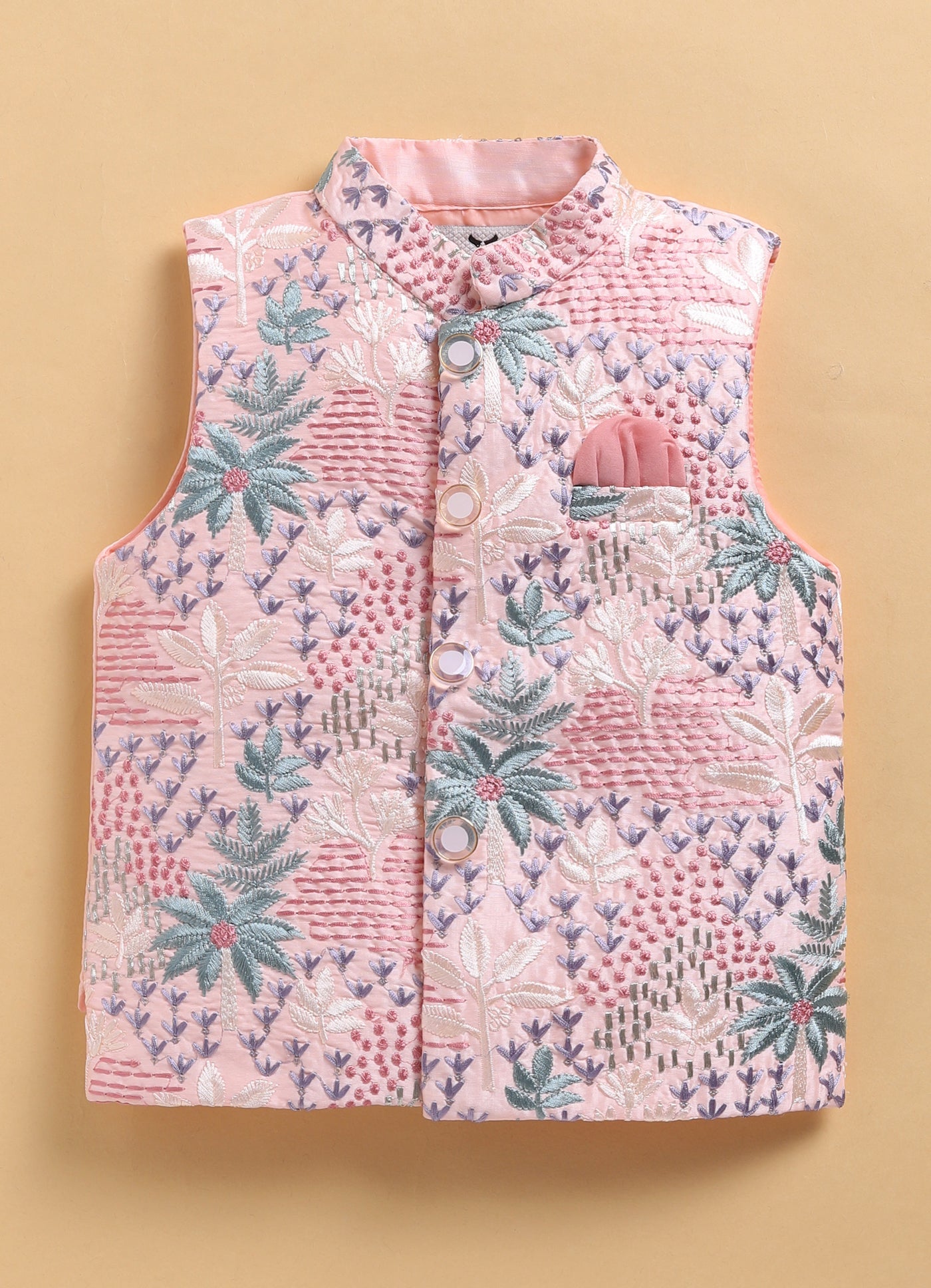 Cotton Silk Blend Woven Full Sleeves Festive Heavy Embroidered Ethnic Nehru Jacket Full Sleeves Kurta and Pajama Set - Peach