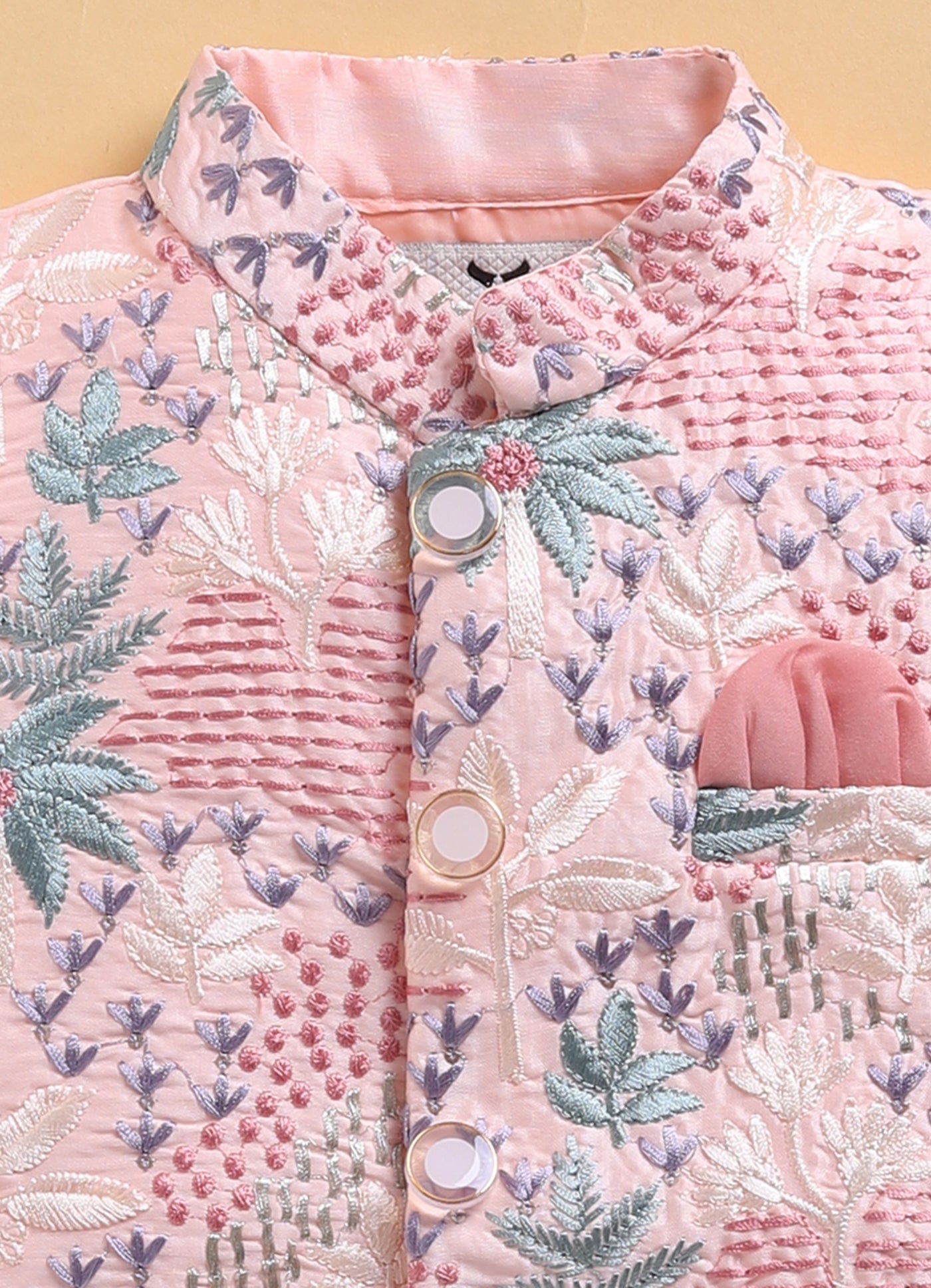 Cotton Silk Blend Woven Full Sleeves Festive Heavy Embroidered Ethnic Nehru Jacket Full Sleeves Kurta and Pajama Set - Peach