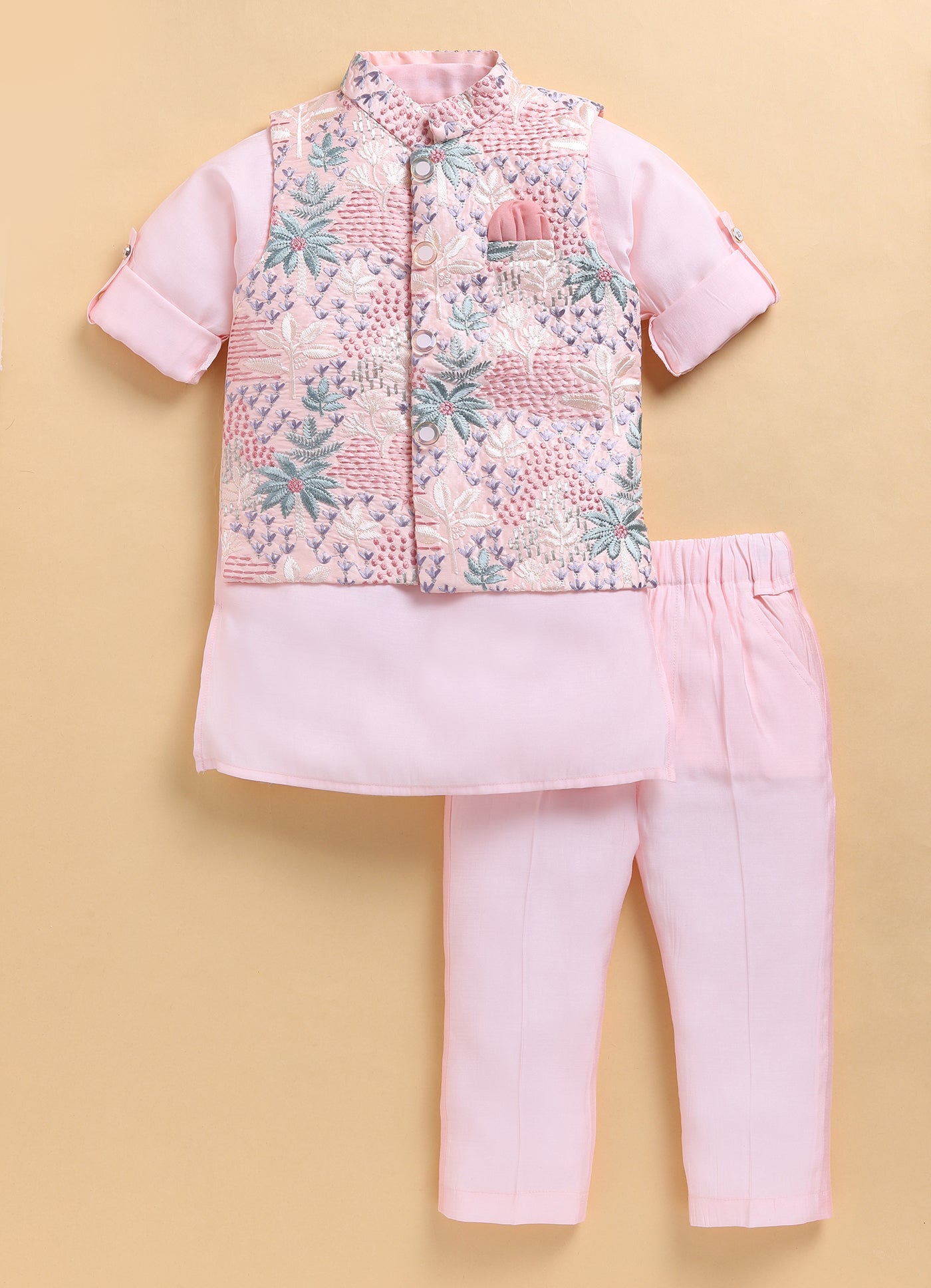 Cotton Silk Blend Woven Full Sleeves Festive Heavy Embroidered Ethnic Nehru Jacket Full Sleeves Kurta and Pajama Set - Peach