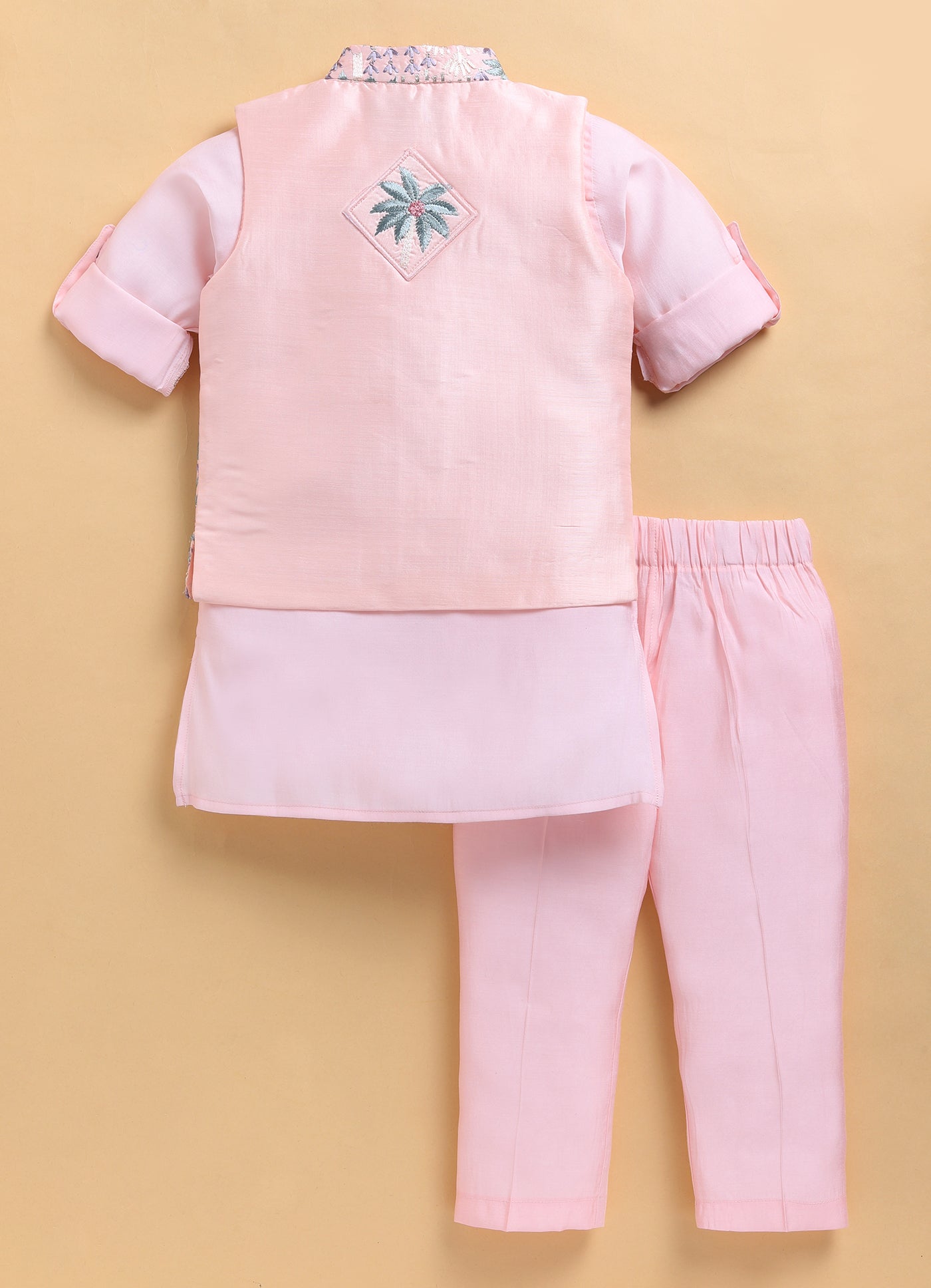 Cotton Silk Blend Woven Full Sleeves Festive Heavy Embroidered Ethnic Nehru Jacket Full Sleeves Kurta and Pajama Set - Peach