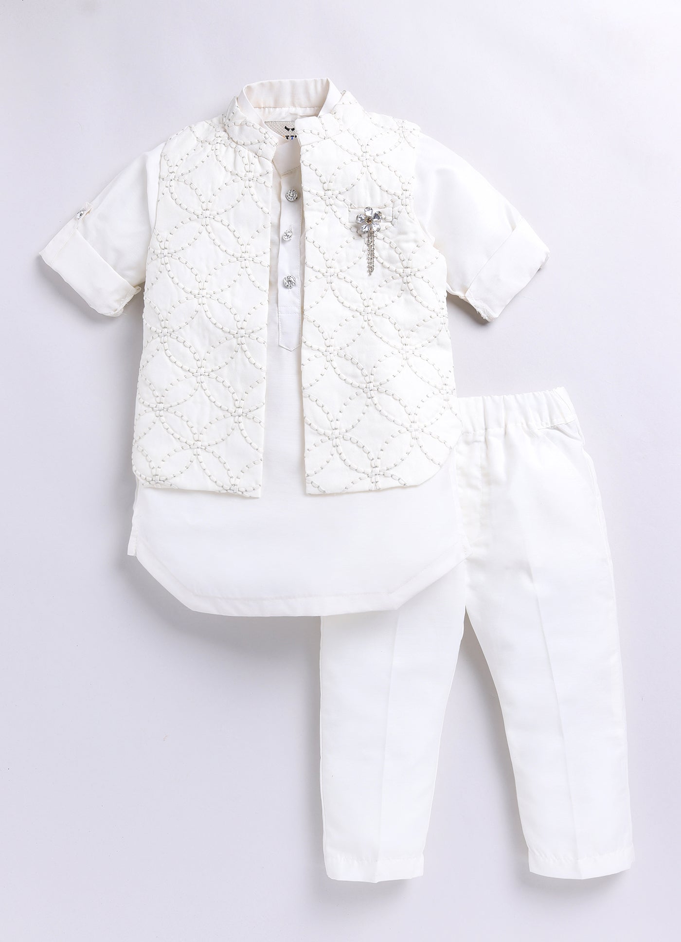 Boys Thread Work Embroidered Cream Kurta Pajama Jacket Set