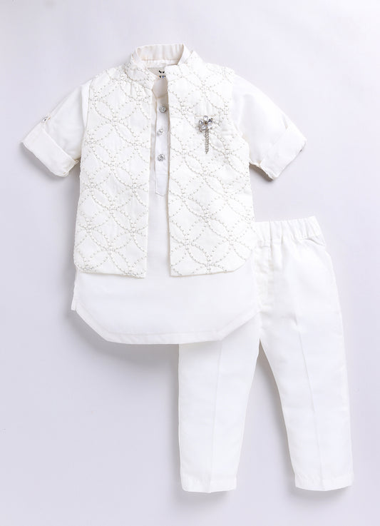 Boys Thread Work Embroidered Cream Kurta Pajama Jacket Set