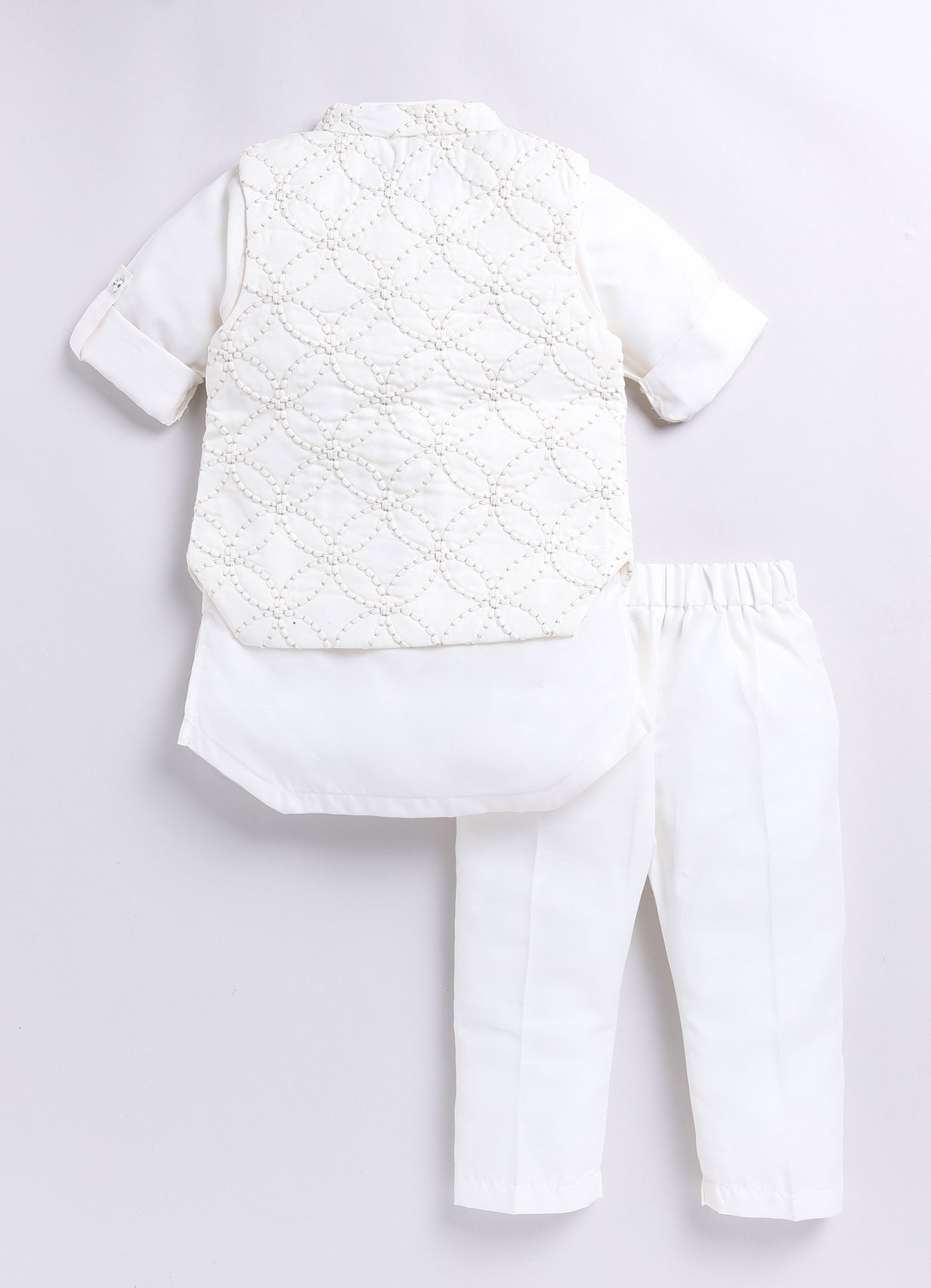 Boys Thread Work Embroidered Cream Kurta Pajama Jacket Set
