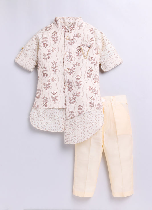 Super Comfortable and Soft Printed Kurta Pajama Jacket Set-Cream