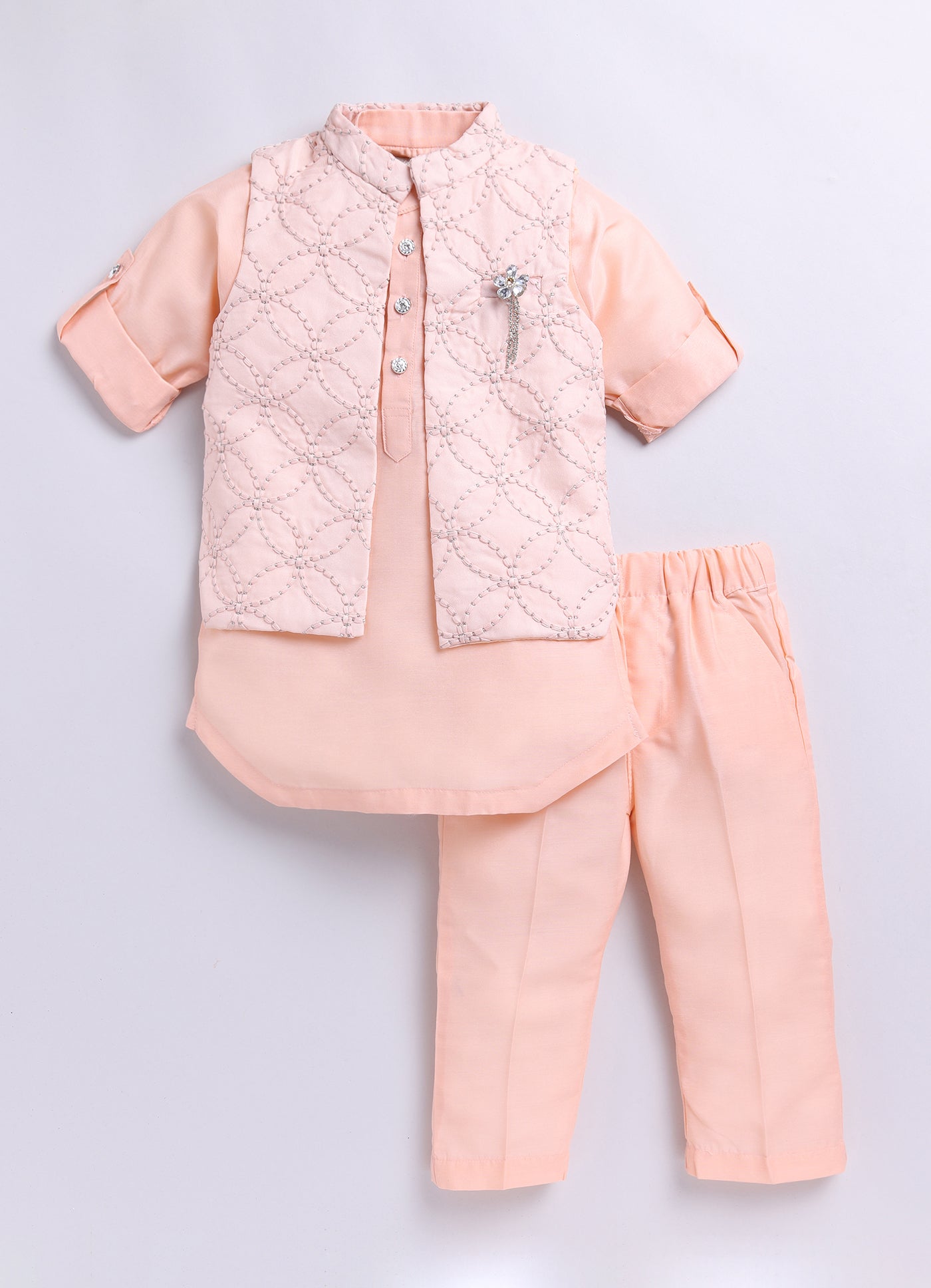 Boys Thread Work Embroidered Peach Kurta Pajama Jacket Set
