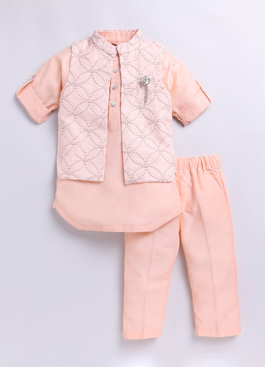 Boys Thread Work Embroidered Peach Kurta Pajama Jacket Set
