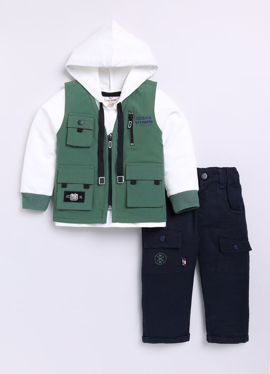 Blended Woven Technical Jacket Gilet with Utility Multi Pockets and Full Sleeves Hooded Teddy T-shirt and Trousers - Green
