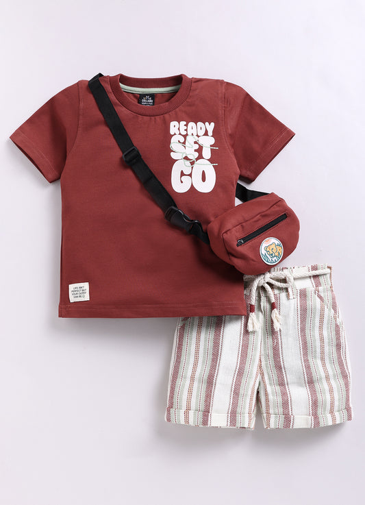 Trendy Cotton Half Sleeves Tshirt Half Pant Co-ord Set with Bag and Belt - Maroon
