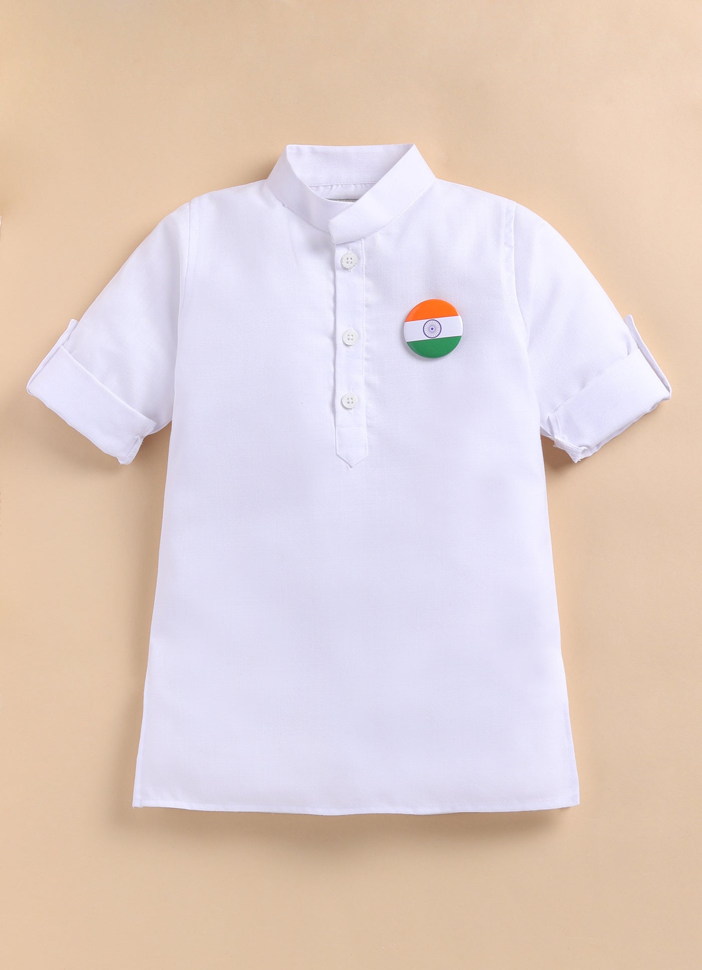 Cotton Blended Woven Full Sleeves Independence Day Special Kurta Pajama Set with Badge and Indian Flag- White