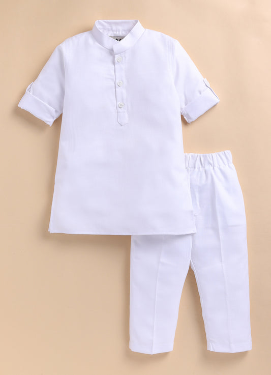 Cotton Blended Woven Full Sleeves Holi Special Kurta Pajama Set - White