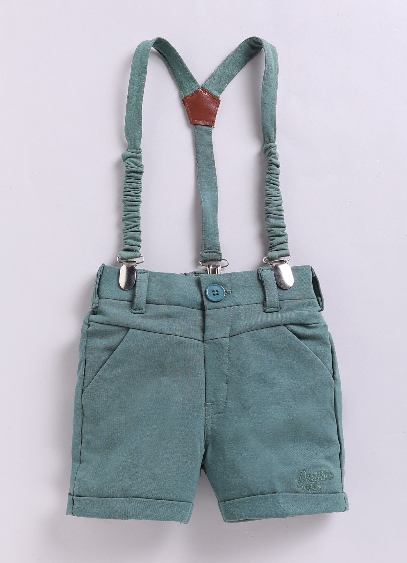 Abstract Printed Cotton Mesh Half Sleeves Shirt Pant Suspender Set with Bow -Green