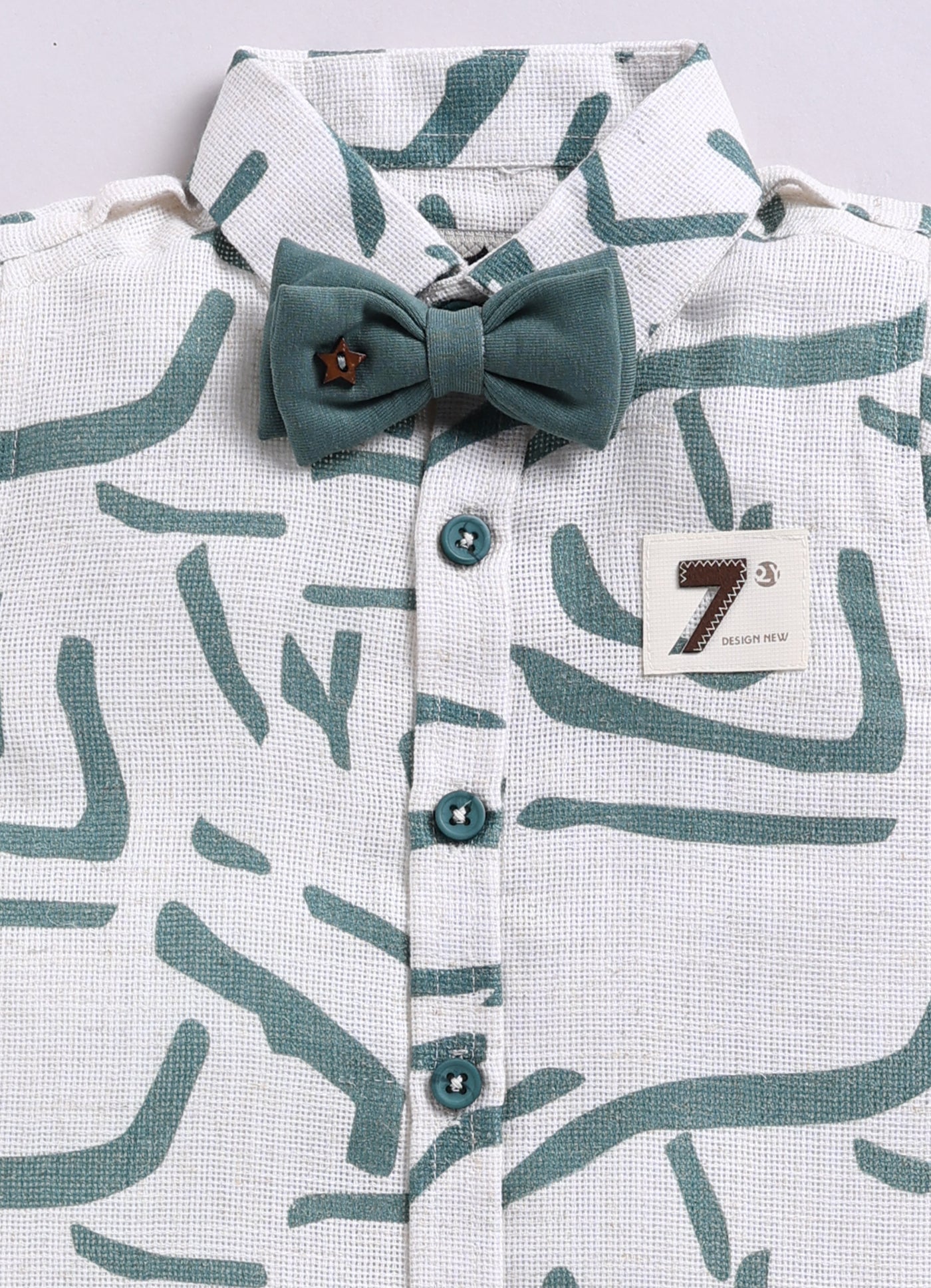 Abstract Printed Cotton Mesh Half Sleeves Shirt Pant Suspender Set with Bow -Green