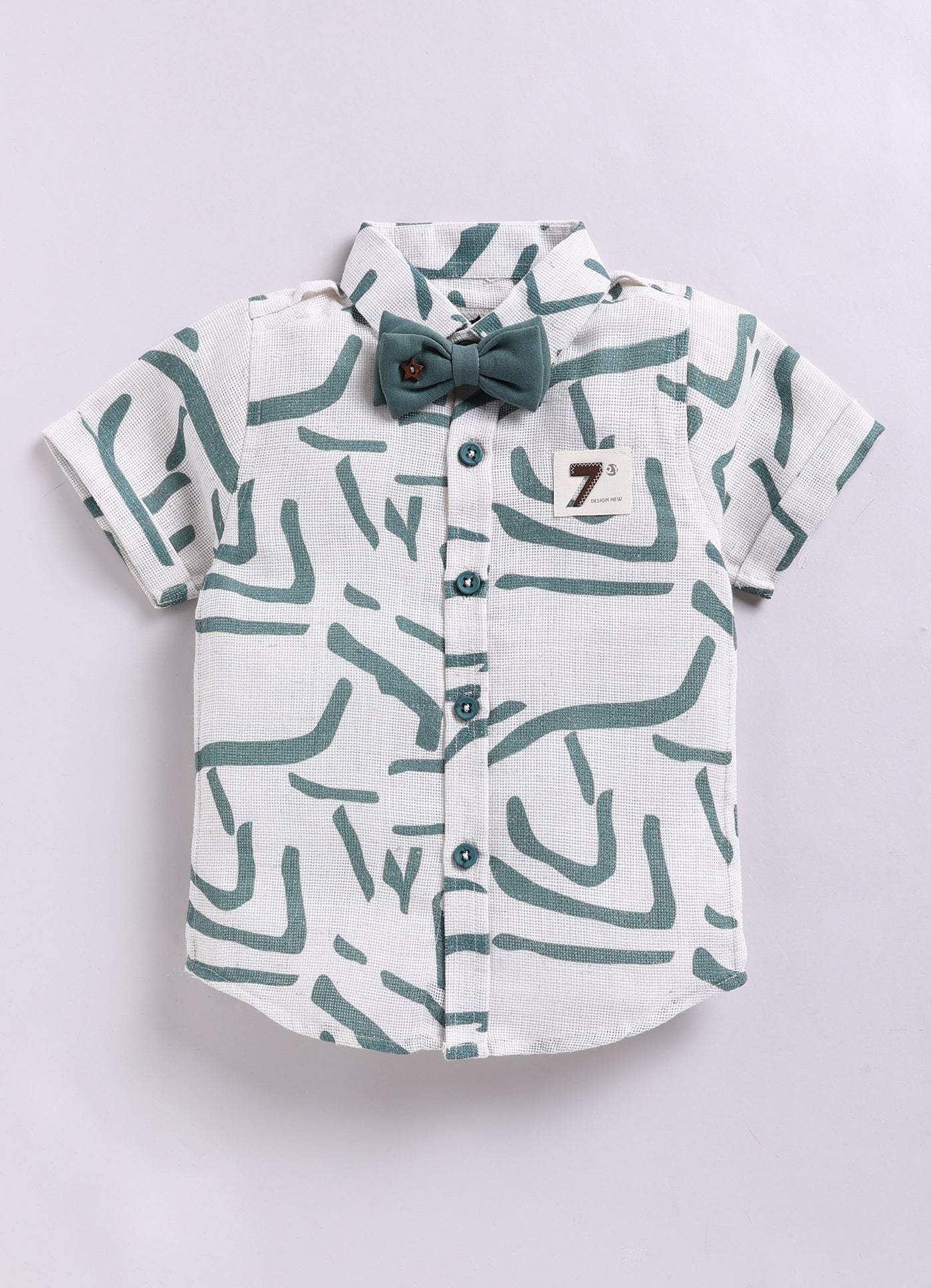 Abstract Printed Cotton Mesh Half Sleeves Shirt Pant Suspender Set with Bow -Green