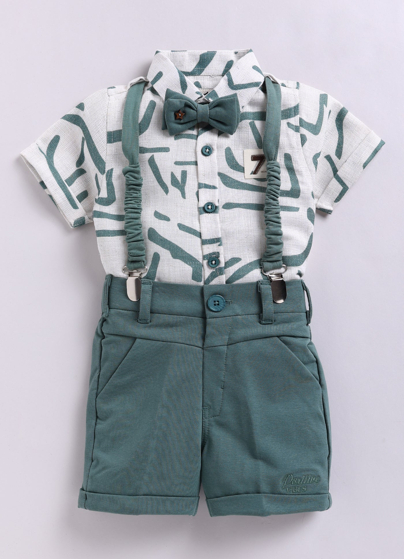 Abstract Printed Cotton Mesh Half Sleeves Shirt Pant Suspender Set with Bow -Green