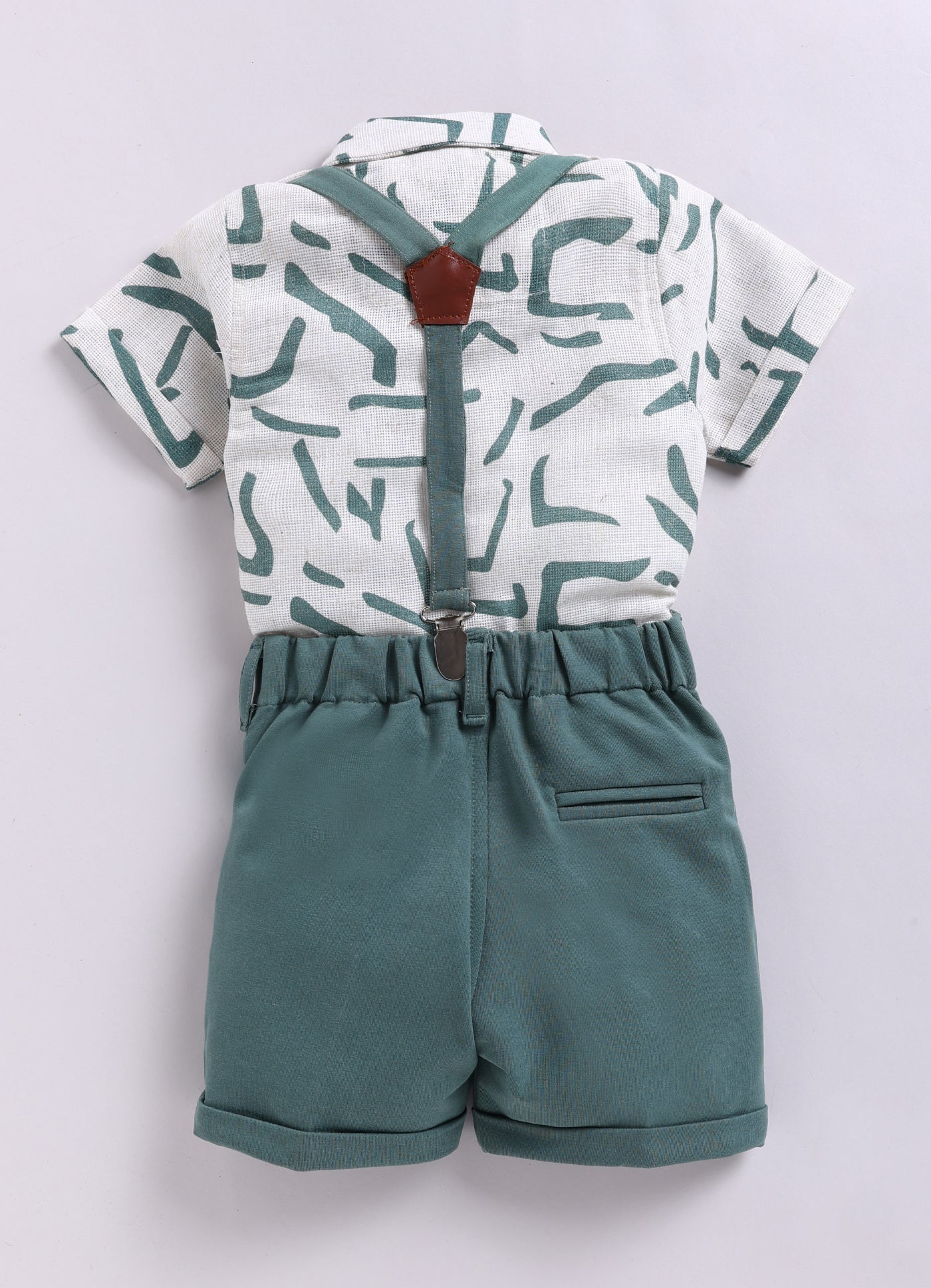 Abstract Printed Cotton Mesh Half Sleeves Shirt Pant Suspender Set with Bow -Green