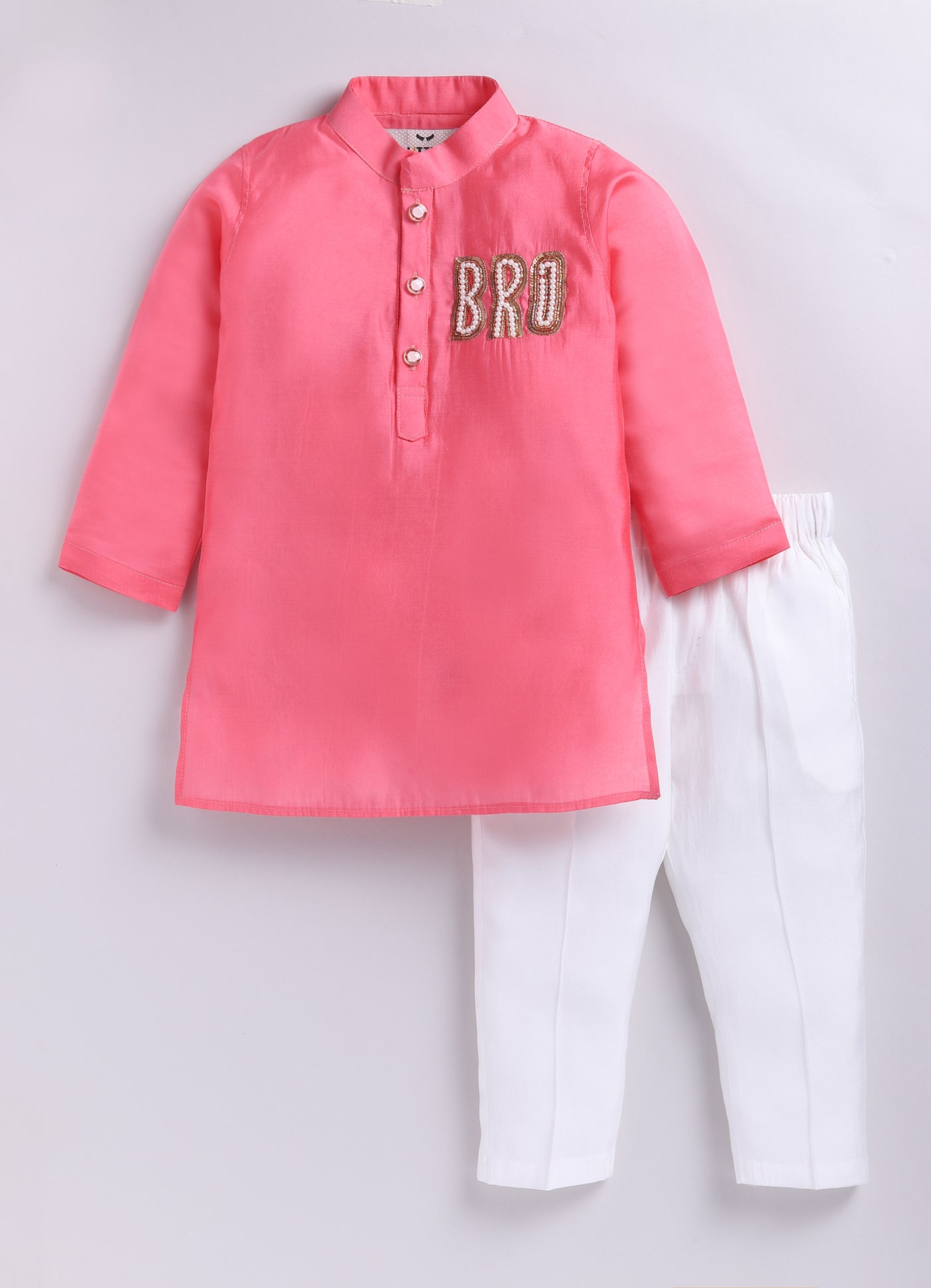 Rakhi Special Boys Silk Blend Woven Full Sleeves BRO Hand Embroidered and Embellished Ethnic Kurta Pajama Set - Pink