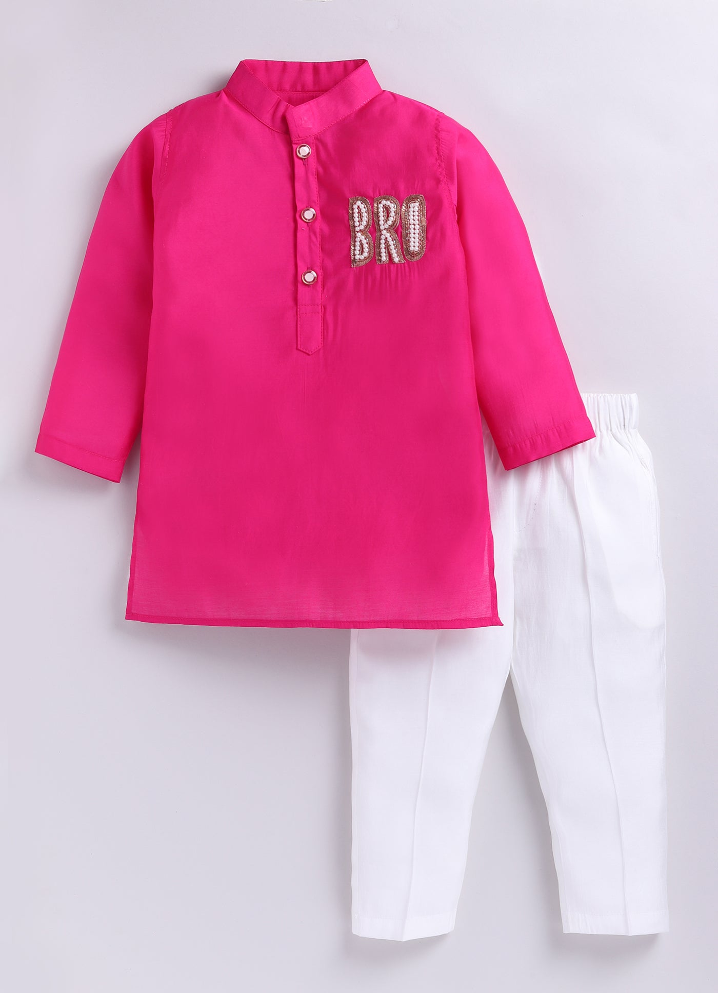 Rakhi Special Boys Silk Blend Woven Full Sleeves BRO Hand Embroidered and Embellished Ethnic Kurta Pajama Set - Fuschia