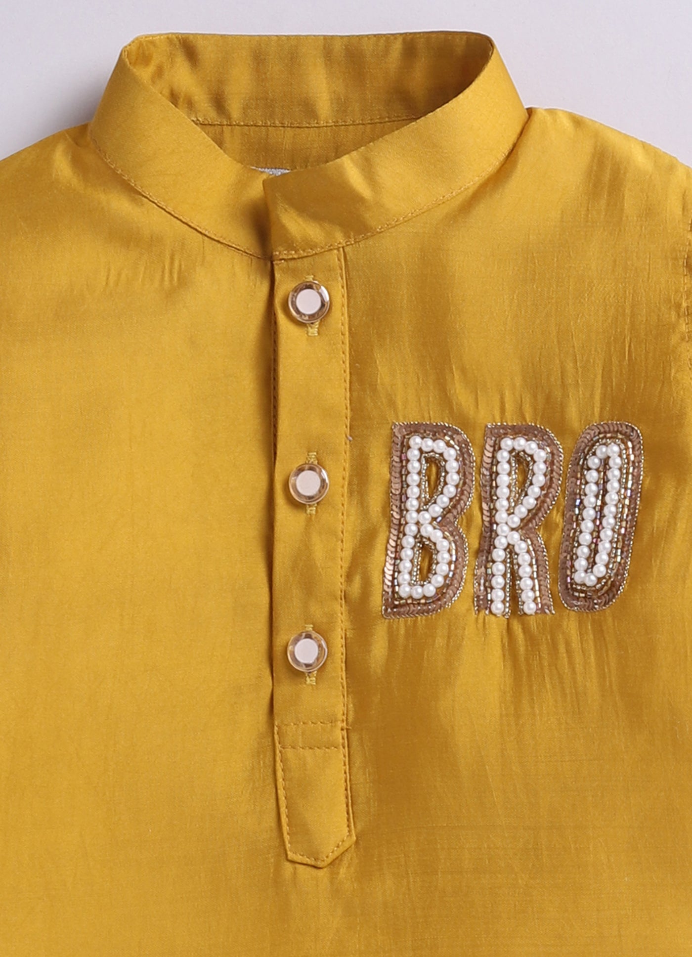 Rakhi Special Boys Silk Blend Woven Full Sleeves BRO Hand Embroidered and Embellished Ethnic Kurta Pajama Set - Mustard