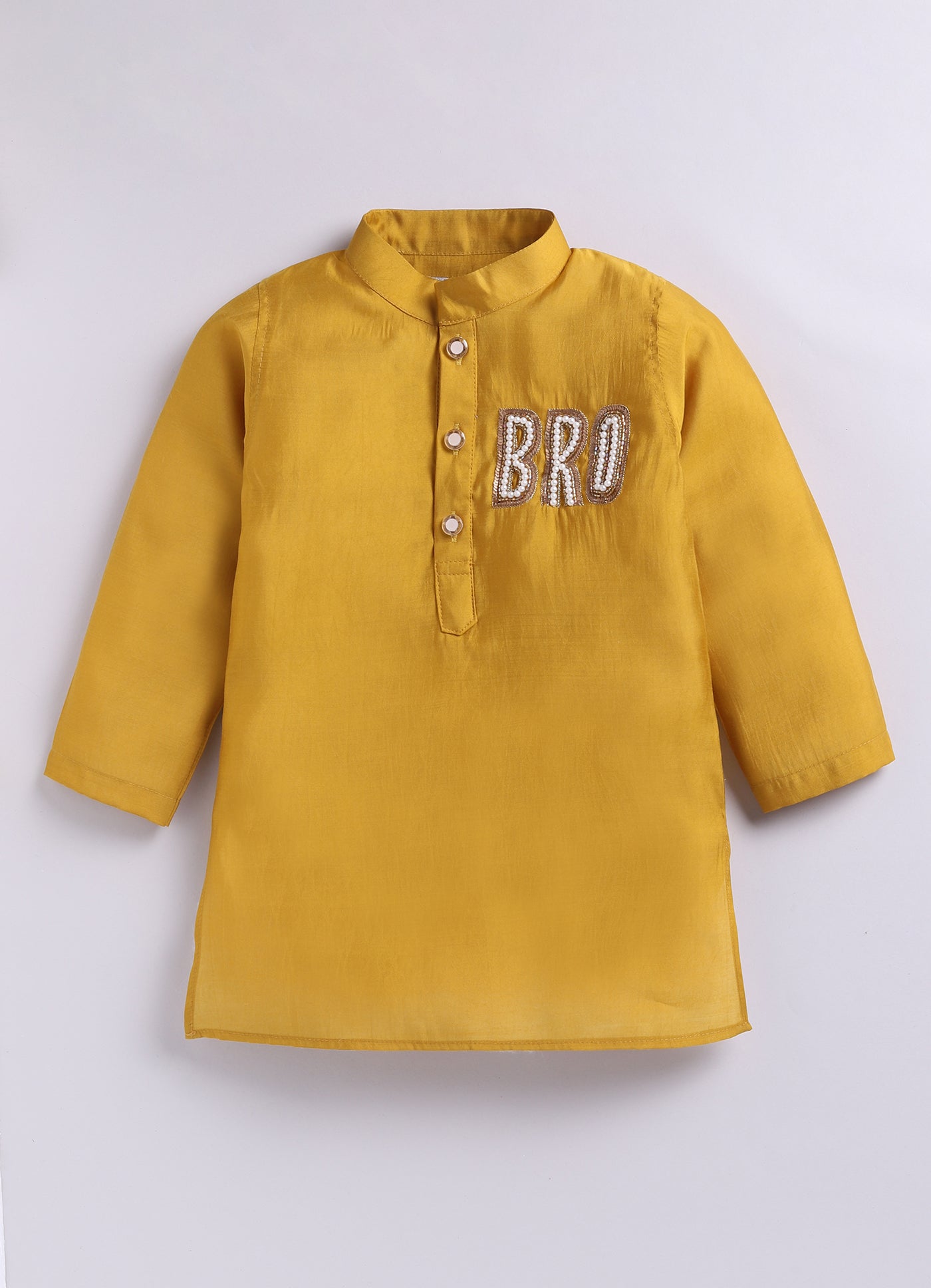 Rakhi Special Boys Silk Blend Woven Full Sleeves BRO Hand Embroidered and Embellished Ethnic Kurta Pajama Set - Mustard