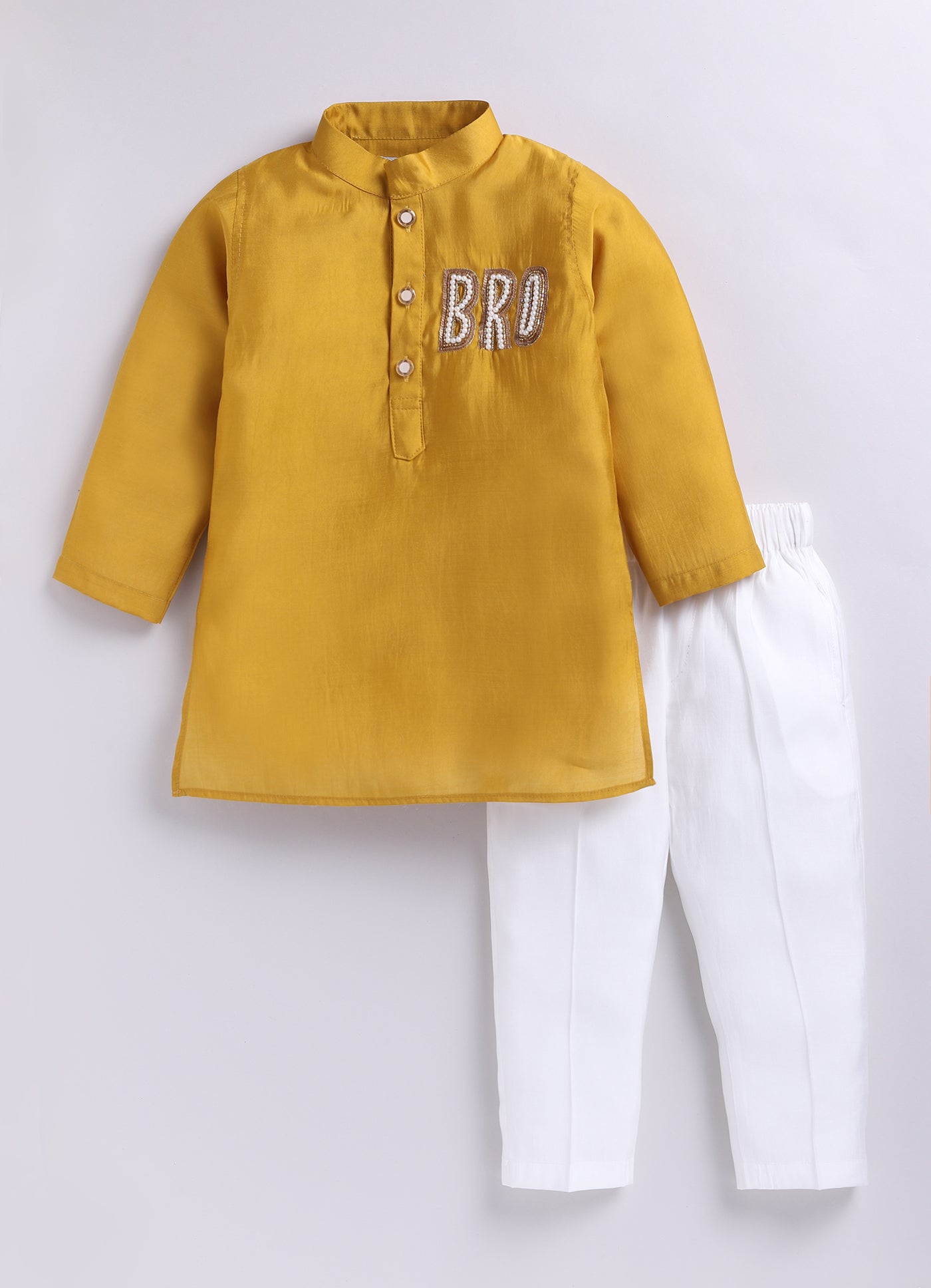 Rakhi Special Boys Silk Blend Woven Full Sleeves BRO Hand Embroidered and Embellished Ethnic Kurta Pajama Set - Mustard