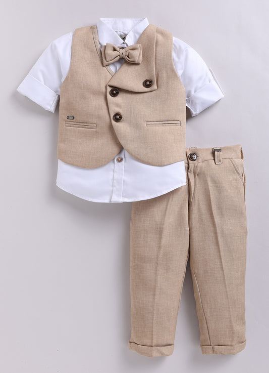 Blended Woven Full Sleeves Solid Shirt Pant with Waistcoat Coord and Bow Partywear Set - Beige